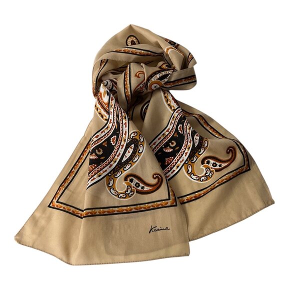 Karina Accessories - Vintage Karina Paisley Scarf – Tan, Brown & Black Rectangular Neck Scarf